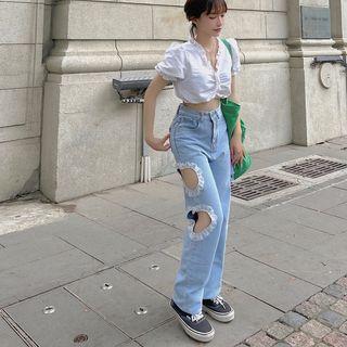Cutout Lace Trim Wide Leg Jeans