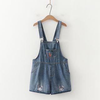 Rabbit Embroidered Washed Denim Jumper Shorts