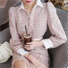 Contrast-collar Faux-pearl Tweed Blouse