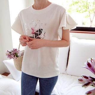 Ruffle-sleeve Flower Printed Top