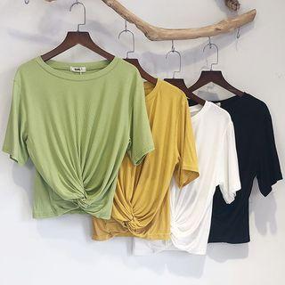 Elbow-sleeve Ribbed Knotted T-shirt