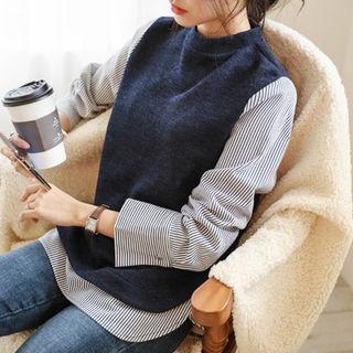 Striped-panel Knit Blouse Navy Blue - One Size