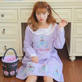 Bear Embroidered Long-sleeve A-line Dress