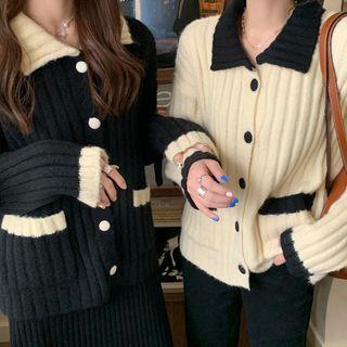 Color Block Polo Neck Knit Cardigan