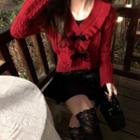 Long-sleeve Ruffle Trim Bow Cable Knit Sweater / Velvet Mini Skirt