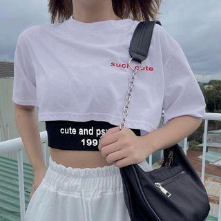 Set: Lettering Print Short-sleeve Crop Top + Crop Tank Top