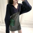 Long-sleeve V-neck Plain Cropped Sweater / Check Slim-fit Sleeveless Dress