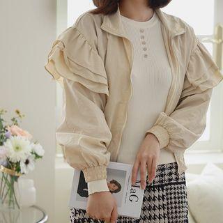 Ruffled Sheer Bomber Jacket