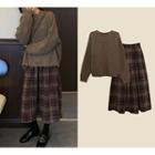 Plain Sweater / Plaid Midi A-line Skirt / Set