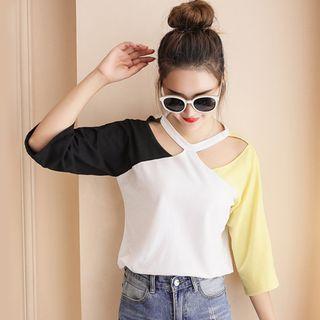 Cutout Colour Block 3/4-sleeve T-shirt