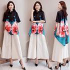 Set: 3/4-sleeve Printed Chiffon Shirt + Wide-leg Pants