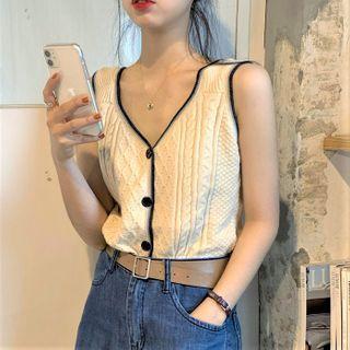 Single-breasted Cable Knit Sweater Vest Almond - One Size