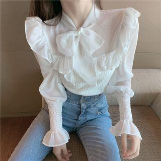 Bow-neck Ruffle Trim Knit Panel Blouse