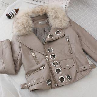 Furry Collar Grommet Faux Leather Jacket