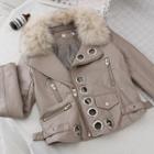 Furry Collar Grommet Faux Leather Jacket