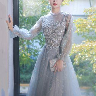 Puff-sleeve Sequined A-line Evening Gown / Cocktail Dress