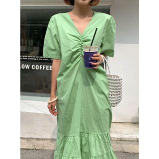 Shirred-front Tiered-hem Long Dress