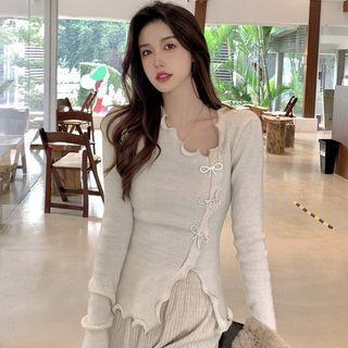 Long-sleeve Ruffle Trim Asymmetrical Hem Bow-accent Knit Top