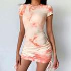 Short-sleeve Tie-dye Drawstring Mini Bodycon Dress