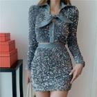 Set: Long-sleeve Sequined Tie-front Top + Mini Pencil Skirt