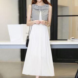 Stripe Panel Sleeveless Mock Two-piece Maxi Dress