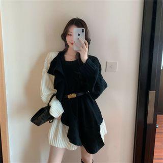 Long-sleeve Black & White Panel Ruffle Sweater