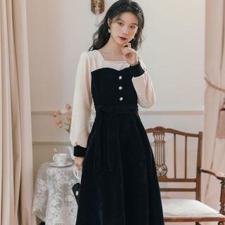 Mock Two-piece Long-sleeve Corduroy Panel Velvet Midi A-line Dress