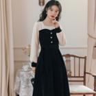 Mock Two-piece Long-sleeve Corduroy Panel Velvet Midi A-line Dress