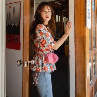 Drawstring-waist Patterned A-line Blouse Floral - One Size