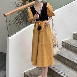 Puff-sleeve V-neck Color Panel Dress