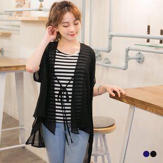 Set: Sleeveless Stripes Top + Sheer Mesh Cardigan