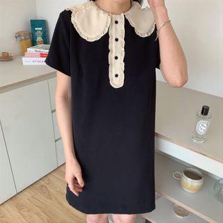 Short-sleeve Frill Trim Buttoned Shift Dress Black - One Size