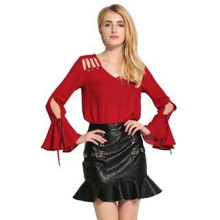 Long-sleeve Cut Out Chiffon Top