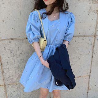 Puff-sleeve Floral Embroidered Midi Dress