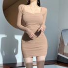 Long Sleeve Square-neck Ruched Mini Bodycon Dress