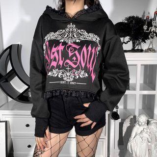 Print Lace Trim Hoodie