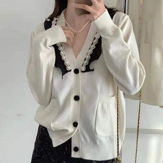 Long-sleeve Faux Pearl Panel Knit Cardigan
