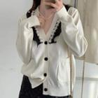 Long-sleeve Faux Pearl Panel Knit Cardigan