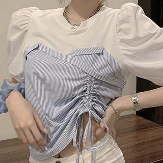 Mock Two-piece Puff-sleeve Striped Drawcord Crop Top