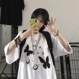 Elbow-sleeve Butterfly Print T-shirt White - One Size