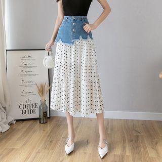 Polka Dot Chiffon Paneled Denim A-line Midi Skirt