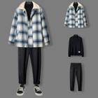 Set: Fleece-lined Gingham Jacket + Turtleneck Sweater + Sweatpants