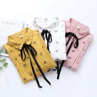 Long-sleeve Print Ribbon Tie Pleated Shirt