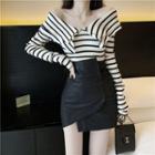 Striped Off-shoulder Long-sleeve T-shirt / Irregular Hem Mini Pencil Skirt
