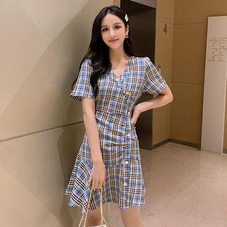 Short-sleeve Asymmetric Buttoned Plaid A-line Mini Dress