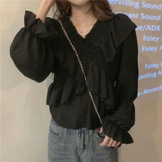 3/4-sleeve Off-shoulder Ruffled Chiffon Blouse