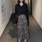 Plain V-neck Loose-fit Sweater / Leopard Midi Skirt