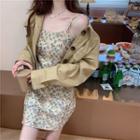 Pocket Detail Button Jacket / Flower Print Spaghetti Strap Mini Sheath Dress