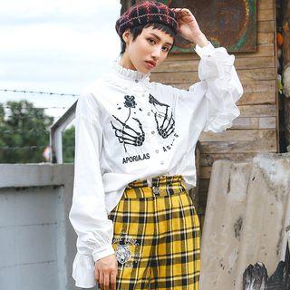 Print Frill Trim Long-sleeve Top