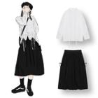 Plain Drawstring Blouse / High-waist Midi A-line Skirt